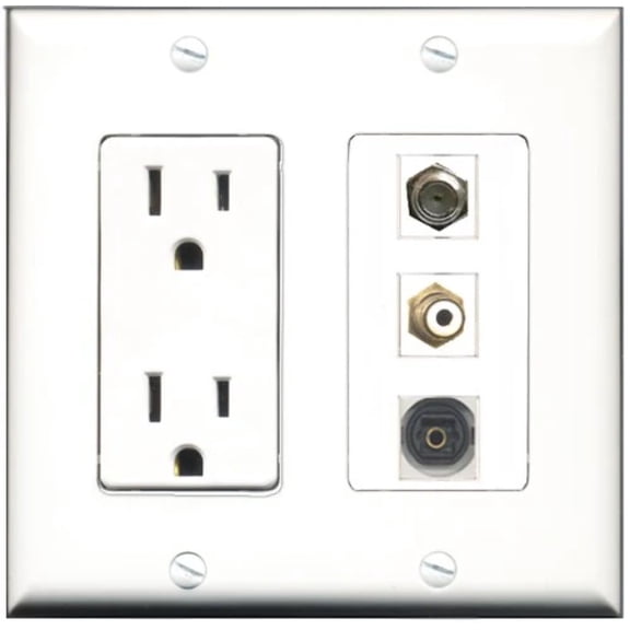 RiteAV - 15 Amp Power Outlet 1 Port RCA White 1 Port Coax 1 Port Toslink Decorative Wall Plate