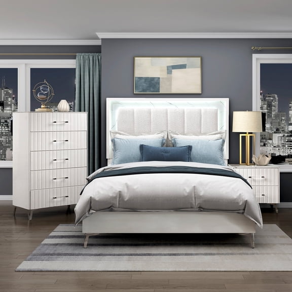 3pc Set Bedroom Furniture White Queen Size Bed Chest Nightstand LED Headboard