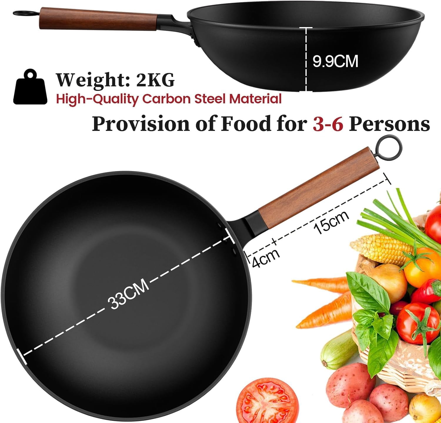 13-inch Pre-seasoned Carbon Steel Wok with Lid and Spatula for stovetop cooking
