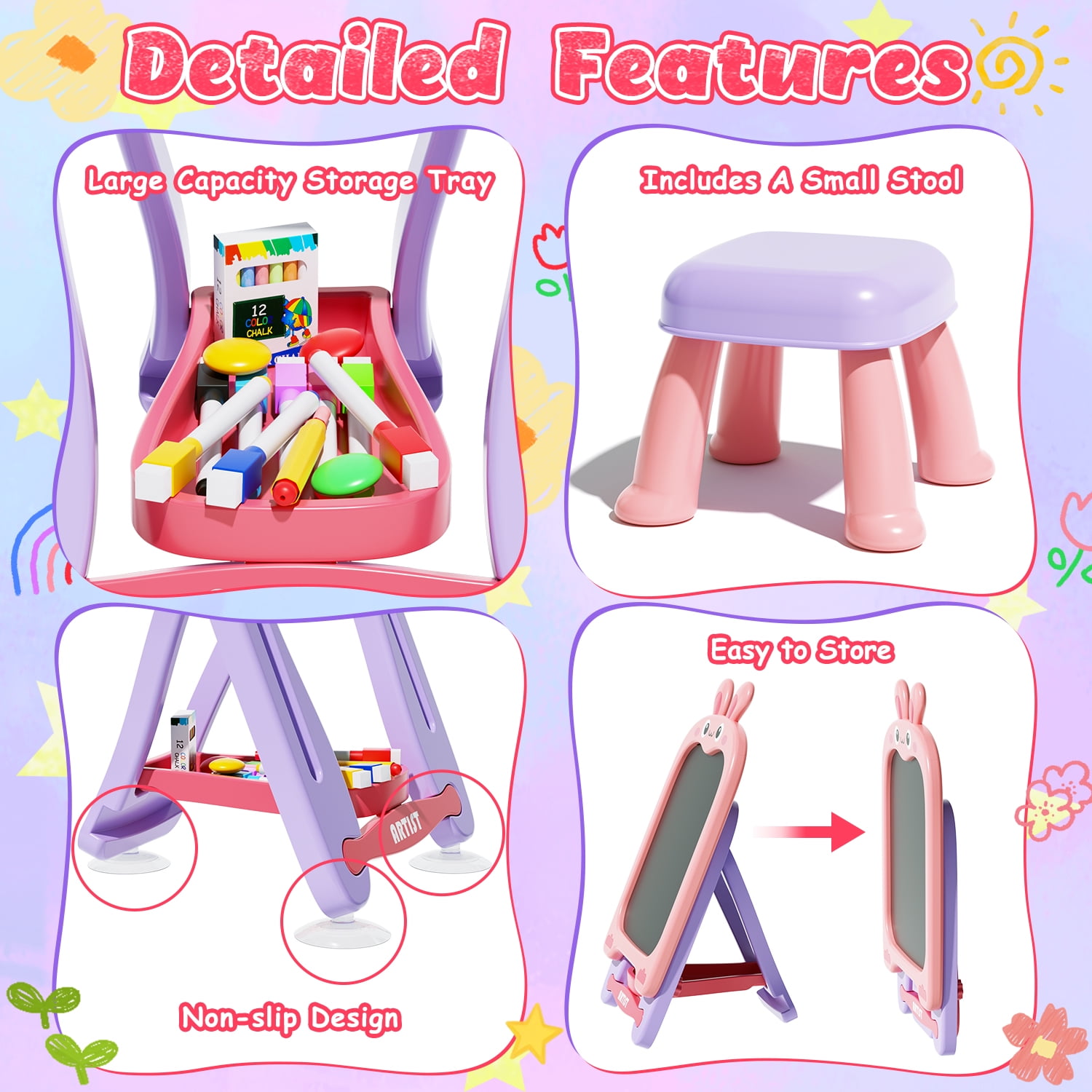 WonderStone 4-in-1 Kids Table and Chairs Adjustable Easel Toy for Ages 2-4, Flippable Sided Magnetic Drawing Board with Storage, Gift for Toddlers