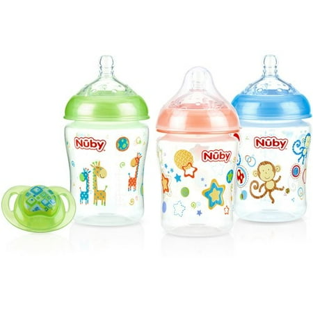 Nuby Natural Touch BPA-Free Baby Bottles with Pacifier - 9oz, Printed, 3 Pack