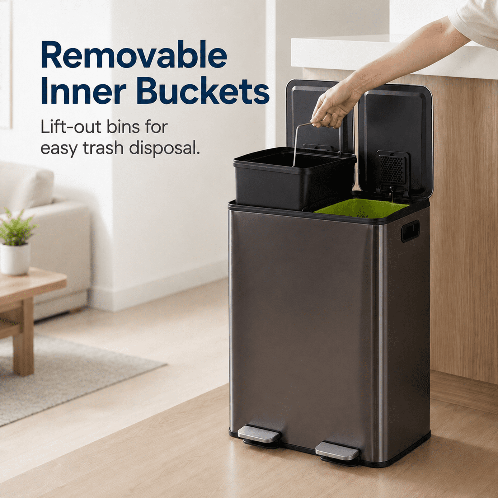 Alvantor Dual Bin Trash Can, 2 x 8 Gallon (2 x 30 L) Garbage Can for Kitchen, Soft-Close Lid and Removable Inner Buckets, Odor Control, Fingerprint-Resistant, Stainless Steel
