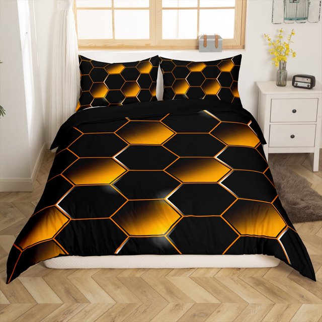 YST Housse de Couette Géométrique Nid d'Abeille Ensemble de Literie pour Enfants Garçons Filles Forme Hexagonale 3D Néon Couvre-Lit Orange Noir Collection Chambre 2 Pcs Taille Tout-Petit