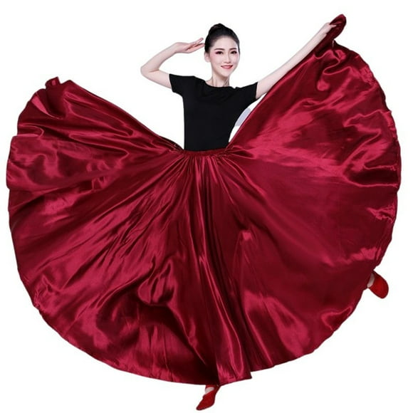 Shining Satin Long Spanish Skirt Swing Dancing Skirt Belly Dance skirt Sun Skirt 14 Colors,Wine Red,One Size