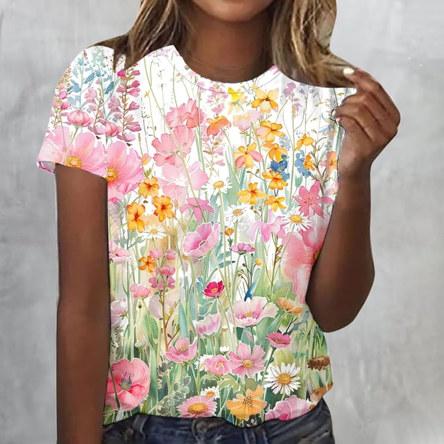 Blouses pour Femmes, T-Shirt à Col Rond à Manches Courtes Imprimé Décontracté pour Femmes