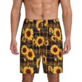 thumbnail image 1 of Balery Brown Blue Plaid Sunflower Pantalones cortos de pijama de punto de algodón para hombre con cinturilla y bolsillos-Large, 1 of 6