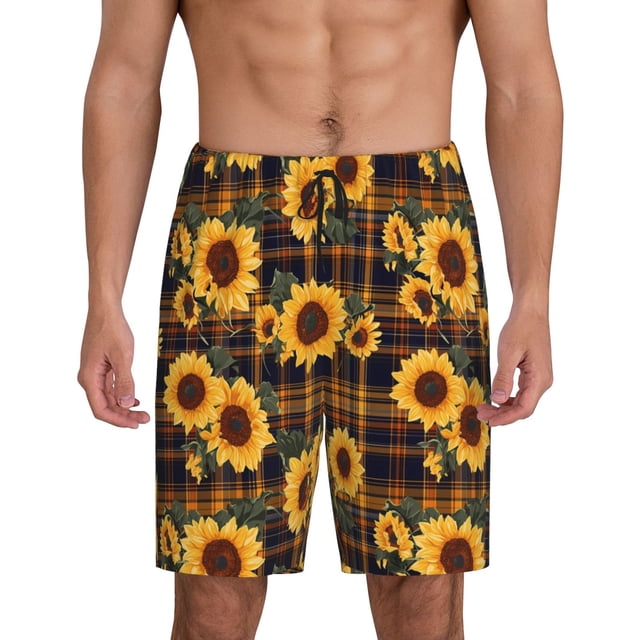 Balery Brown Blue Plaid Sunflower Pantalones cortos de pijama de punto de algodón para hombre con cinturilla y bolsillos-Large