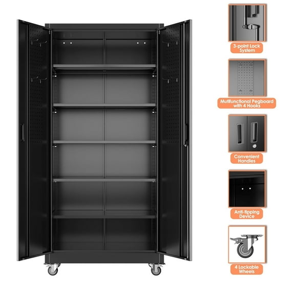 Lockable Mobile Storage Cabinet with 5 Shelves & Pegboard, for Garage Office Kitchen, Black