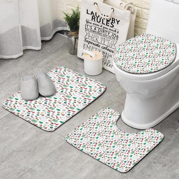 White Christmas Icon Pattern Bathroom Rugs Sets 3 Piece,Toilet Cover Set,Absorbent Non Slip Bathroom Mats Sets with U-Shaped Contour Rug Toilet Rug Set