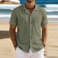 thumbnail image 2 of Domzest Men's Button Down Shirts Short Sleeve Summer Casual Textured Cuban Collar Shirt with Chest Pocket Army Green M, 2 of 4