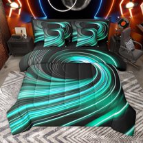 Manfei Geometric Lines 7 Pieces Bedding Comforter Set for Children Teens,Spiral Swirl Stripes Full Bedding Set Lightweight,Black Teal Fitted Sheet Flat Sheet,Breathable Home Decor,Reversible
