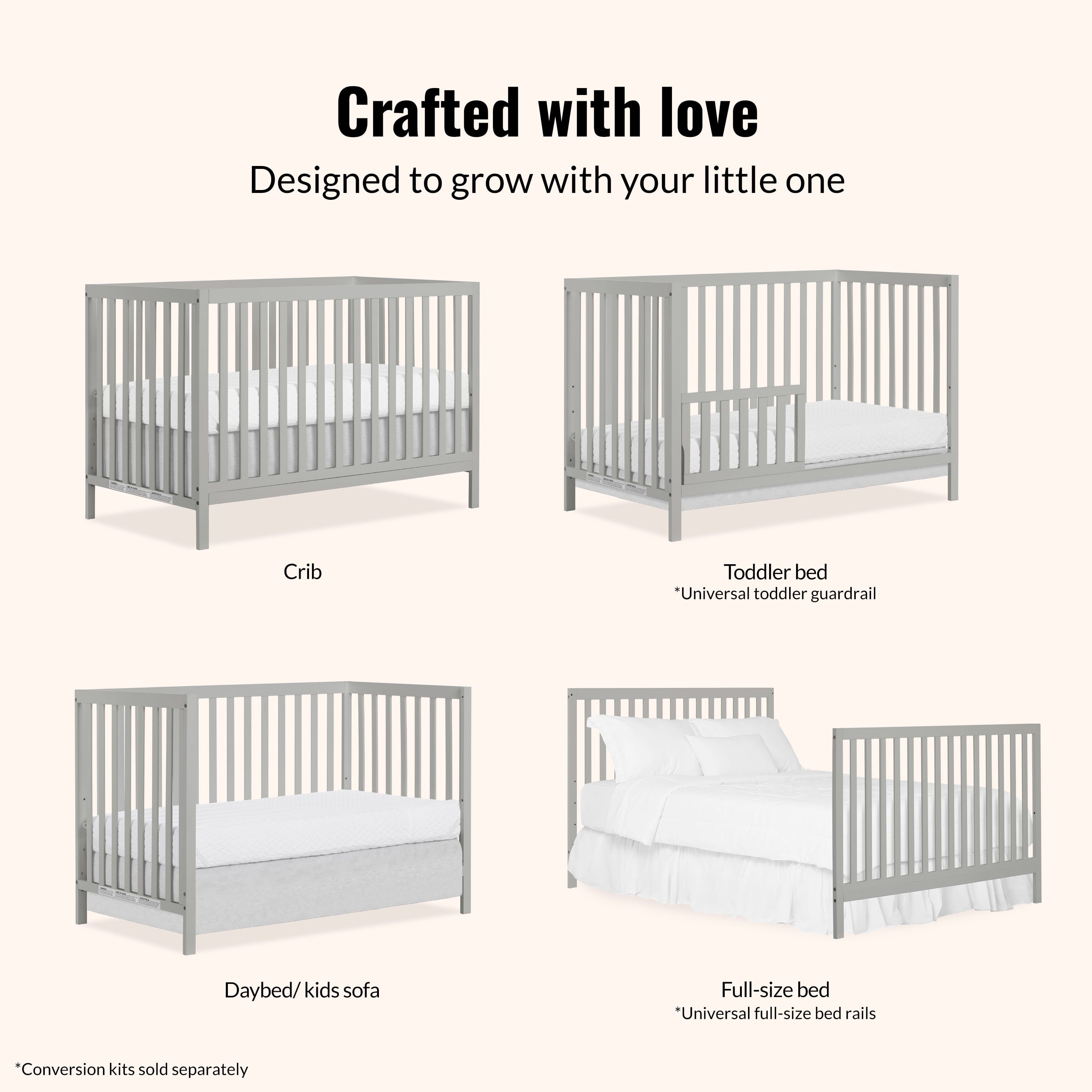 Dream On Me Synergy MOD 5-in-1 Convertible Crib, Converts from Baby Crib to Toddler Bed, Day Bed, Kids Bed and Full Size Bed, Three Adjustable Mattress Height Positions, Cool Gray