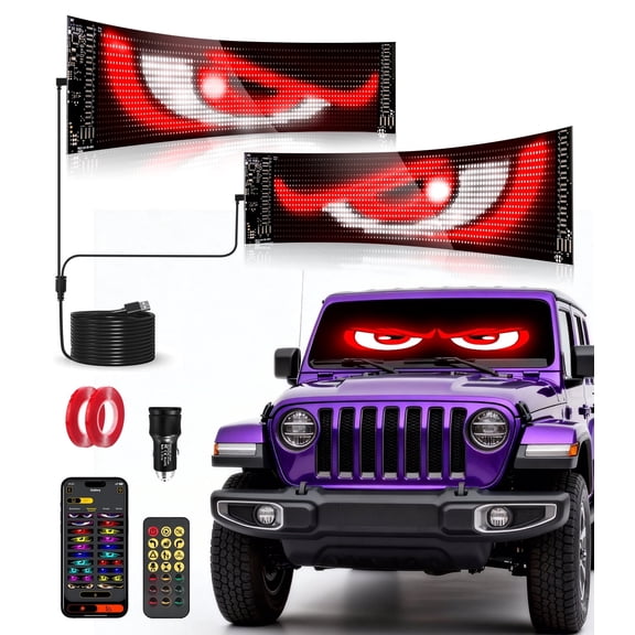 2Pack Devil Eyes Light for Cars Winds:14"x4.3" Programmable ojos led para carro Windshield Display for Sedans, SUVs & Medium Trucks - USB-Powered LED Matrix Panel, Remote/App Control, Custom Car Sign
