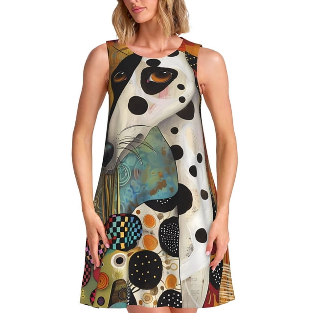 Easygdp Abstract Dalmatian Art para Vestido Transpirable de Mujer, Vestido Suelto de Manga Corta con Pliegues y Bolsillos para el Verano