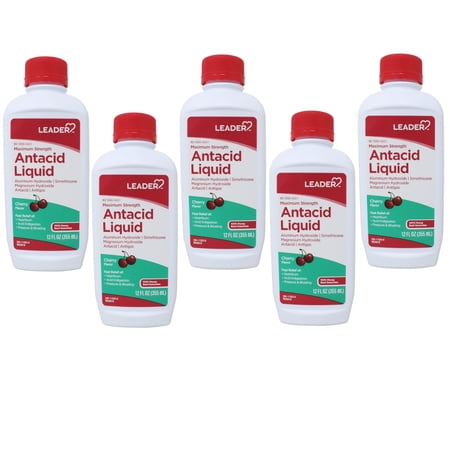 Leader Maximum Strength Antacid Liquid with Aluminum Hydroxide, Simethicone, Antacid/Antigas for Heartburn, Acid Indigestion, Pressure & Bloating, Cherry Flavor 12 FL oz - 5 Pack