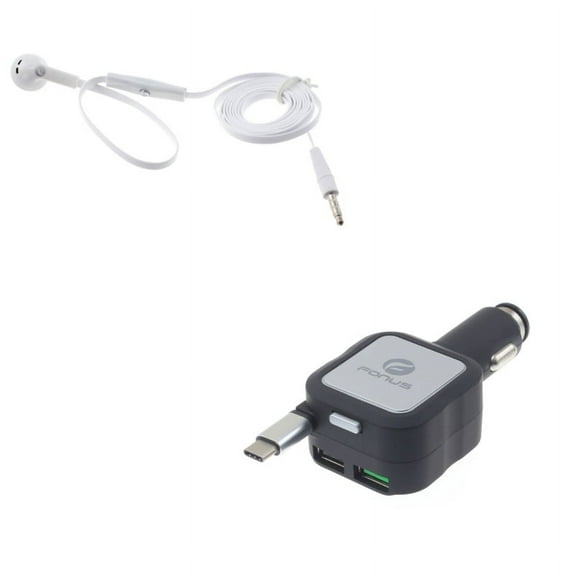 Retractable Car Charger w Wired Earphone Mono Headset L1K for Acer Liquid Jade Primo - Alcatel PulseMix, 7, Idol 5S 5 4S - ASUS Zenfone V Live, ROG Phone, AR 6 5z 4 Pro - Blackberry Motion