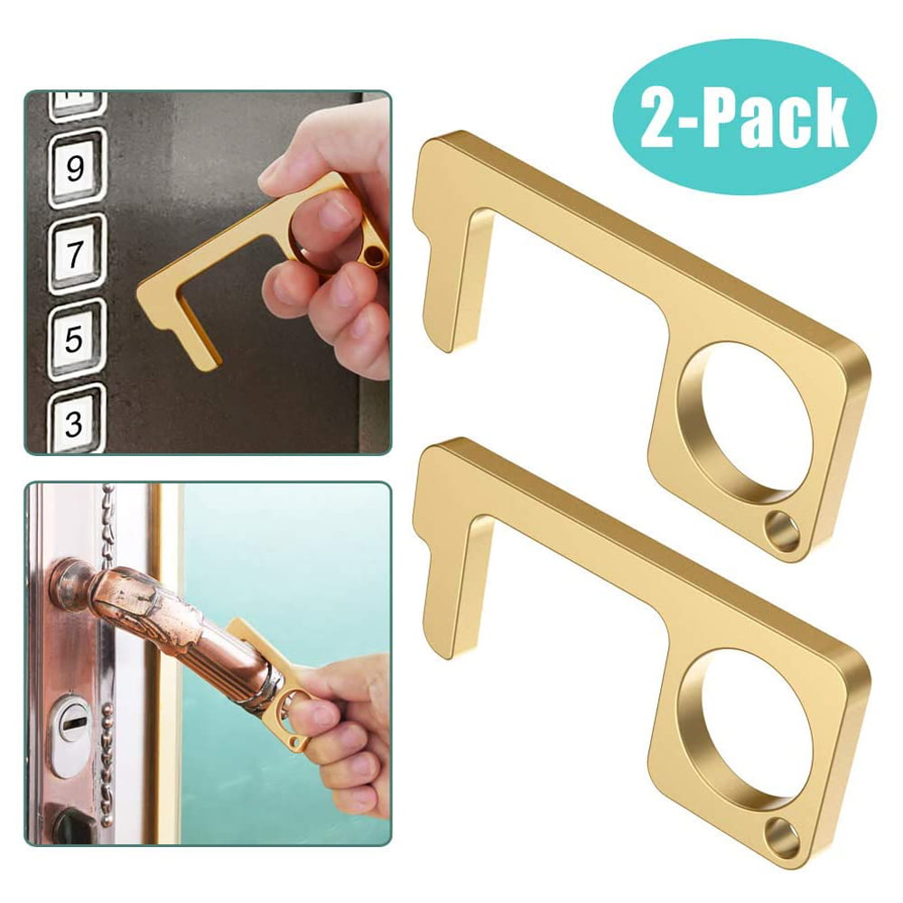 Hygienic Home Office Door Opener Touchless Tool Button Pusher Stylus Portable Bathroom Brass Key Hook Contactless Multipurpose Gear with Retractable Keychain Keeps Hands Clean