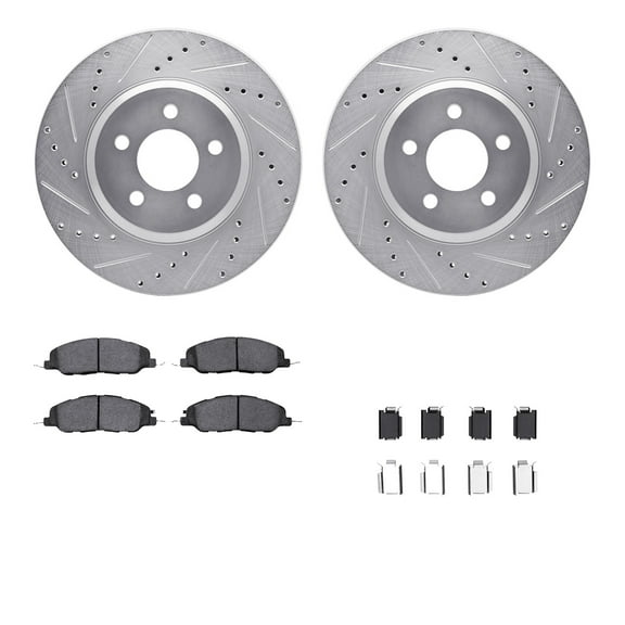 Dynamic Friction Company Front Brake Rotors-Drilled and Slotted-Silver with 5000 Advanced Brake Pads includes Hardware 7512-54037