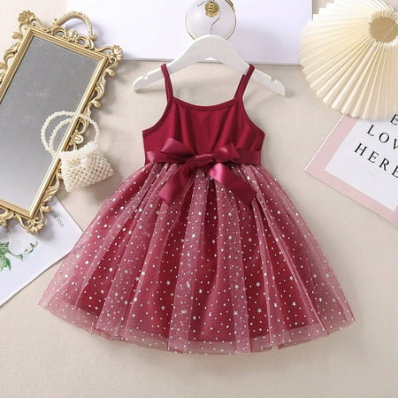 

WIBACKER Toddler and Baby Girls Bowknot Strap Lace Princess Dress Tutu Sundress-Wine Red/1-2T