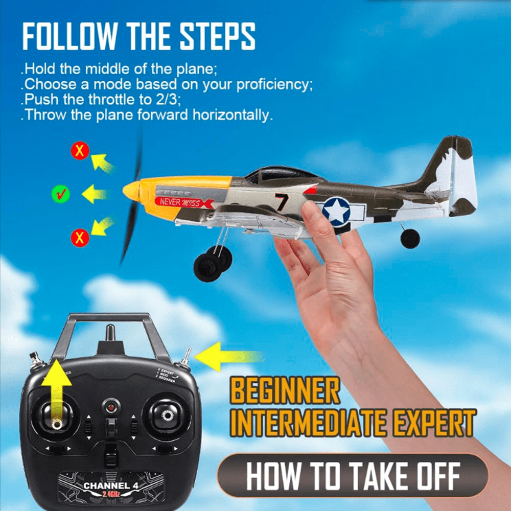 Roofworld RC Plane P51D Mustang RC-Fighter 4 Channel Remote Control Airplane with 6-Axis Gyro System, 1 Pack