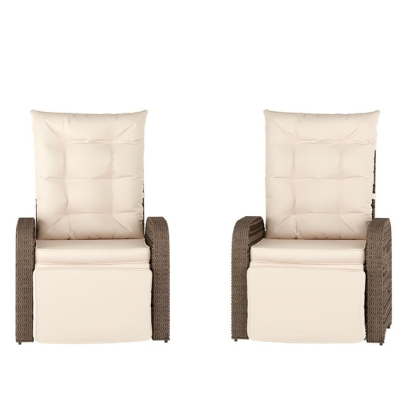 Flash Furniture Set of 2 Indoor/Outdoor Patio Wicker Rattan Recliner Lounge Chairs with Flip up Side Tables, Beige and Brown