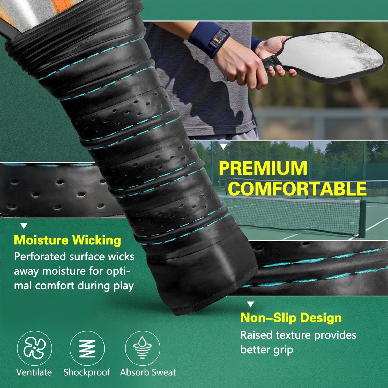 Pickleball Paddles Set Of 2, Fiberglass Surface, Turquoise Marble Pattern, 4 Balls & Bag