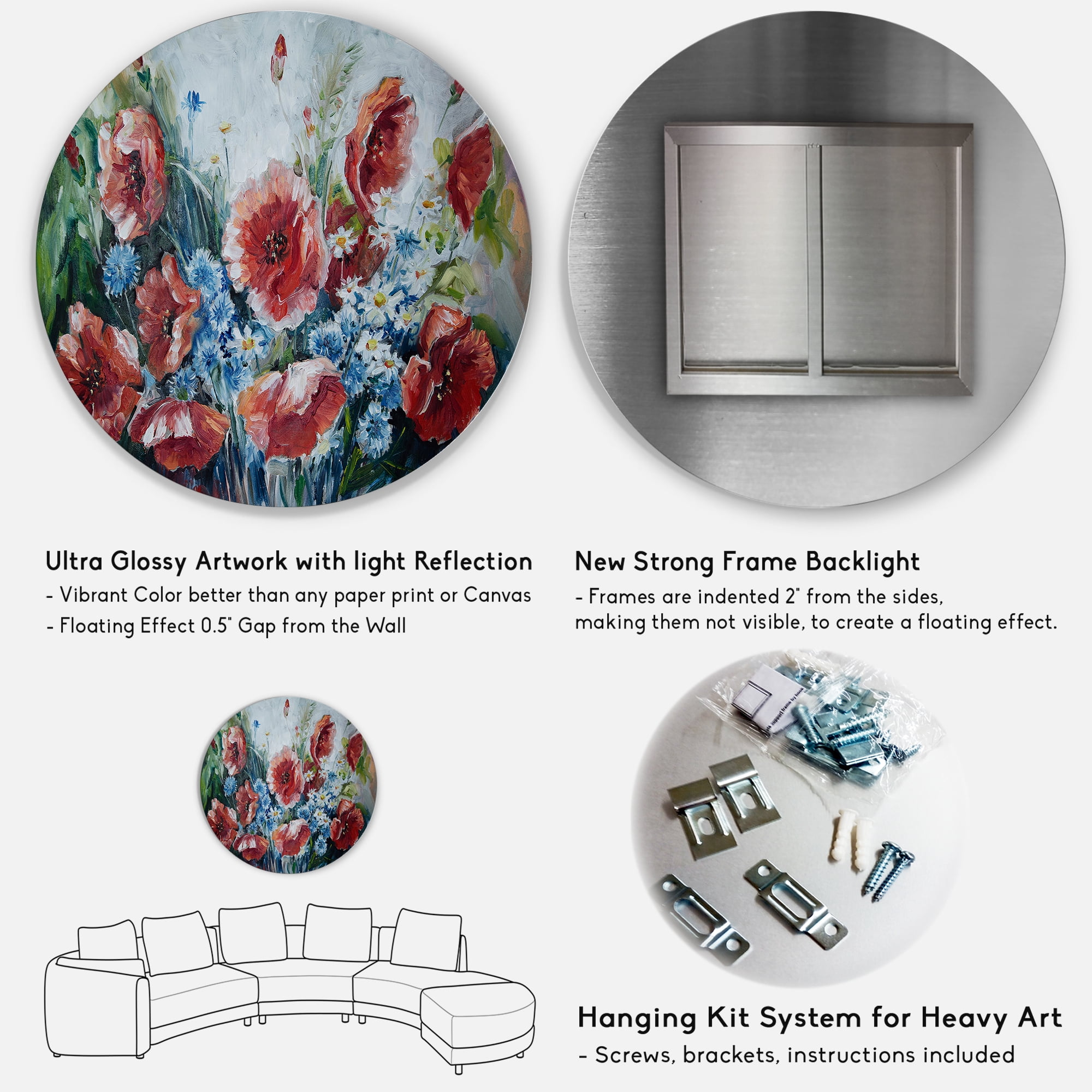 Designart 'Bouquet of Poppies Retro Style' Traditional Circle Metal Wall Art 23x23 - Disc of 23