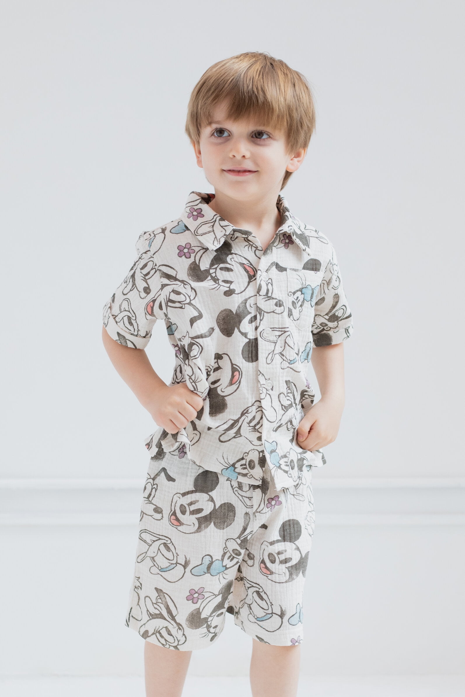 Disney Mickey Mouse Goofy Donald Duck Infant Baby Boys Cotton Gauze Button Down Dress Shirt and Shorts Outfit 24 Months