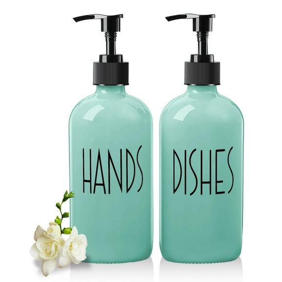 16OZ Navy Green Glass Lotion Dispenser Bottles 2-Pack with Black Pump - Refillable Liquid Soap Containers for Kitchen, Bathroom, Hand Soap, Dish Soap & Lotion