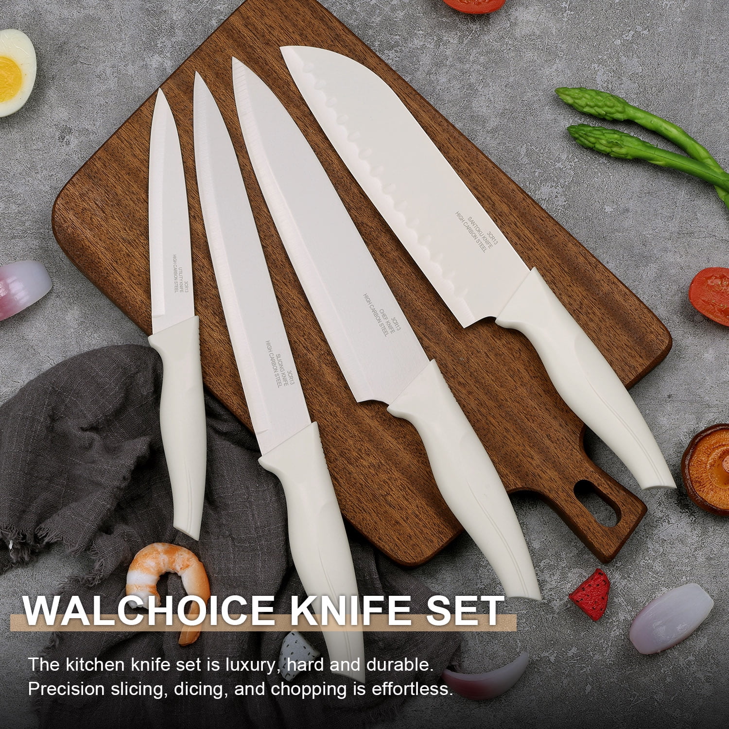 Walchoice 15 Pieces Knife Set with Block, High Carbon Stainless Steel Kitchen Knife Set with Sharpener, Rust Resistant & Dishwasher Safe - White