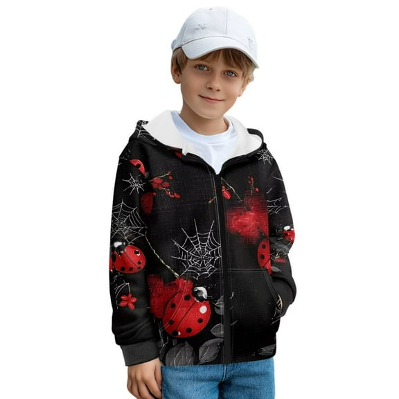 POLERO Boys Halloween Winter Jacket Ladybug Spider Web Print Hoodies Kids Full Zip Hoodie Boys Jacket Warm Cozy Outwear Coat with Pockets, Size S