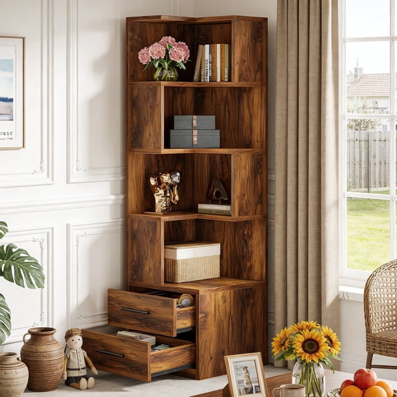 Fnova 70" Conner Bookcase with 4-Tier Open Display Storage Shelves 2 Drawers, Large Book Shelf Bookcase Bookshelf for Living Room, Home Office, Bed Room