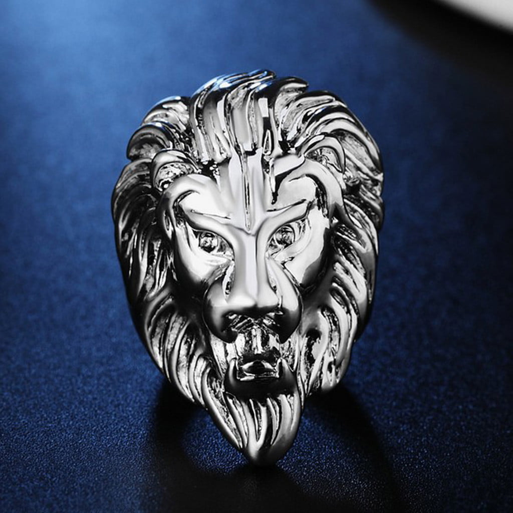 Ximandi Mens Vintage Stainless Steel Lion Head Rings Heavy Metal Rock Style 