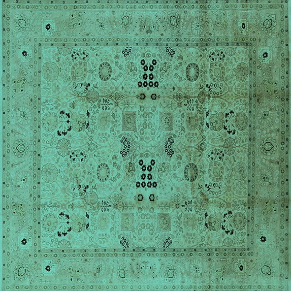 Ahgly Company Machine Washable Indoor Square Oriental Turquoise Blue Traditional Area Rugs, 6' Square