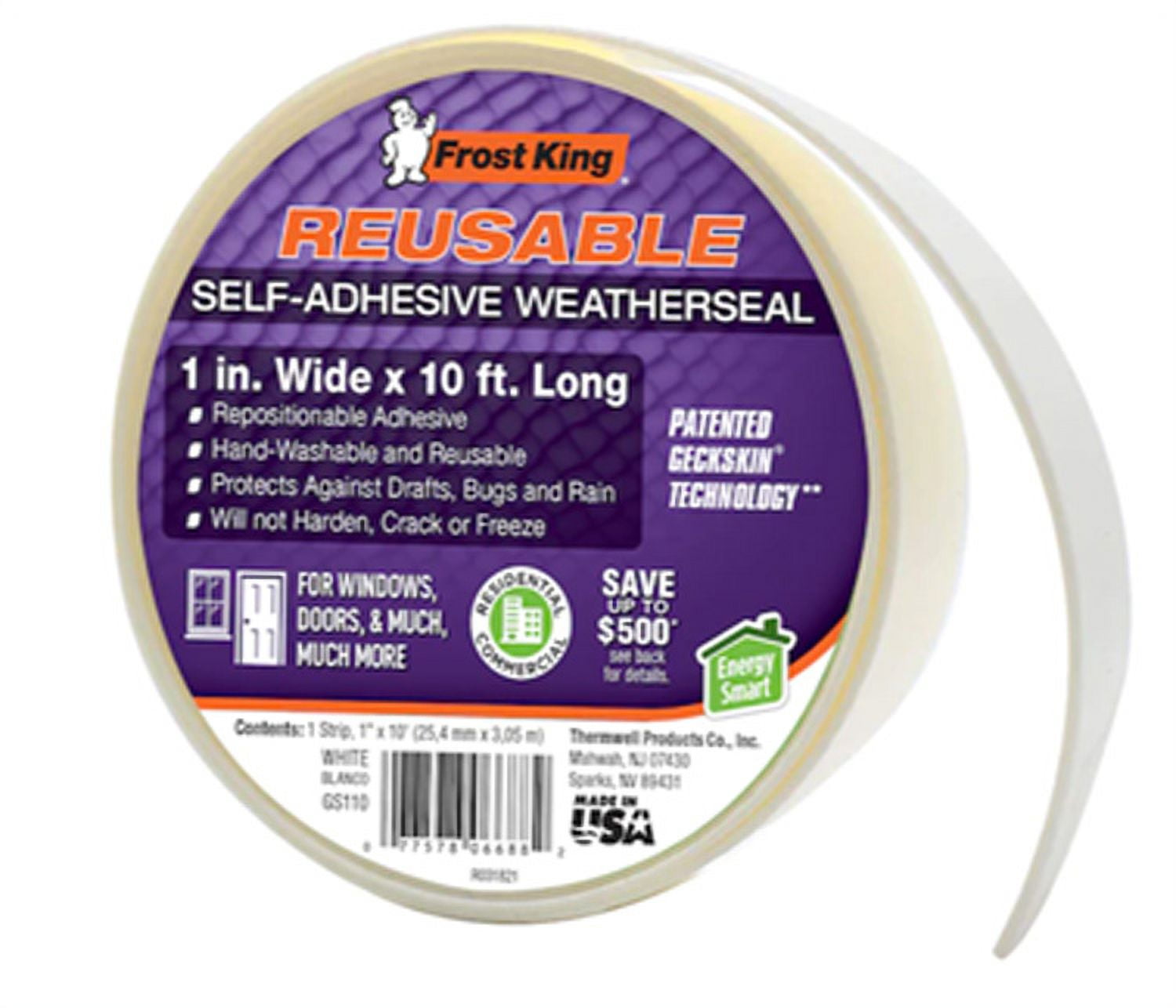 Frost King® GS110 Grip Seal Self-Adhesive Rubber Weather Stripping Tape, 1" W x 10' L, White