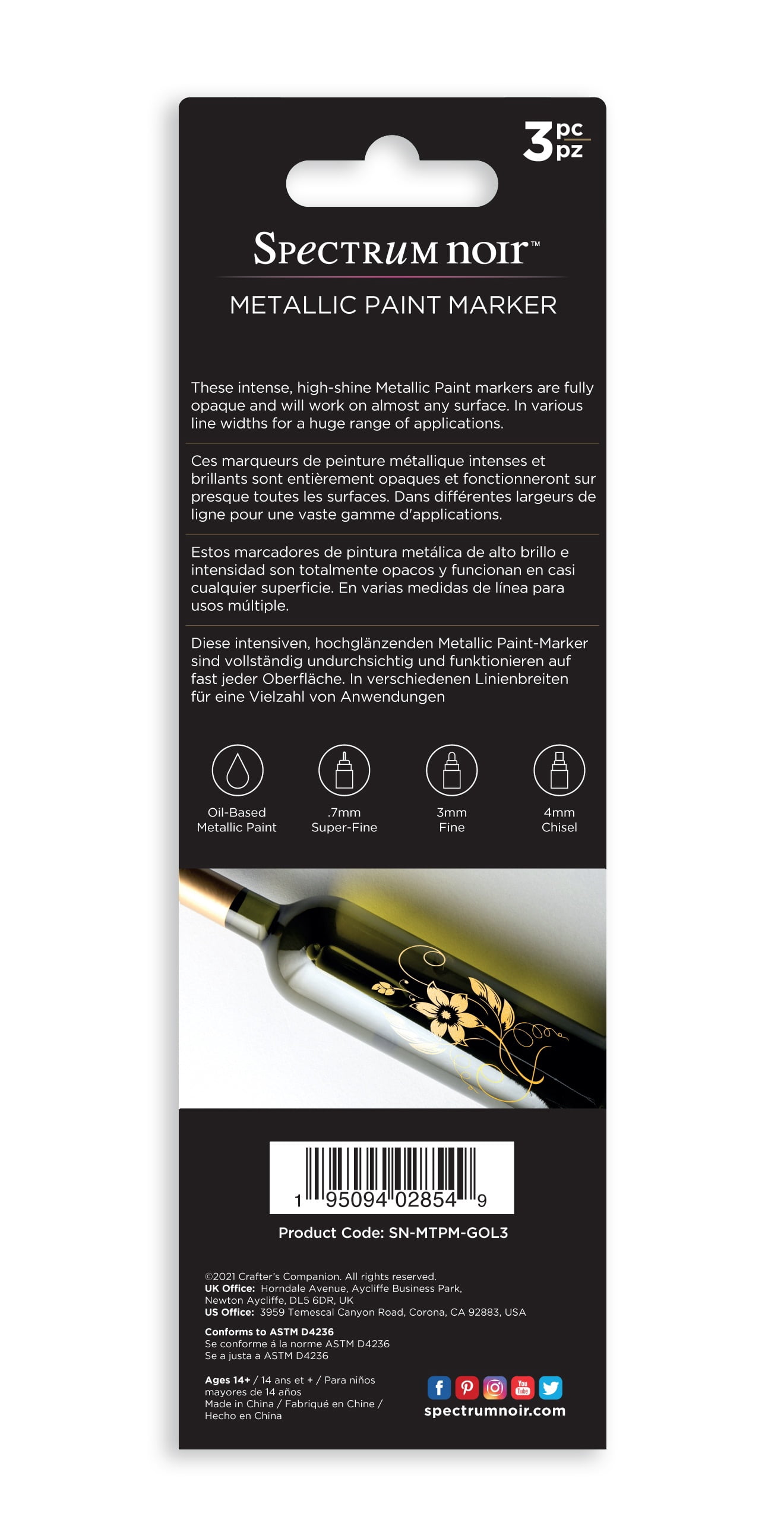 Spectrum Noir Metallic Paint Markers - Liquid Gold, Set of 3