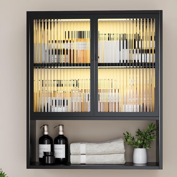 Wall Mounted Bathroom Cabinet with Glass Doors, Metal Over Toilet Storage Cabinets with Open Shelves, Medicine Cabinets for Bathroom, Living Room, Bedroom, Black