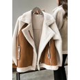 thumbnail image 3 of Contrast Shearling Sleeve Open Front Cozy Wool Jacket for Women Brown X-Large, 3 of 3