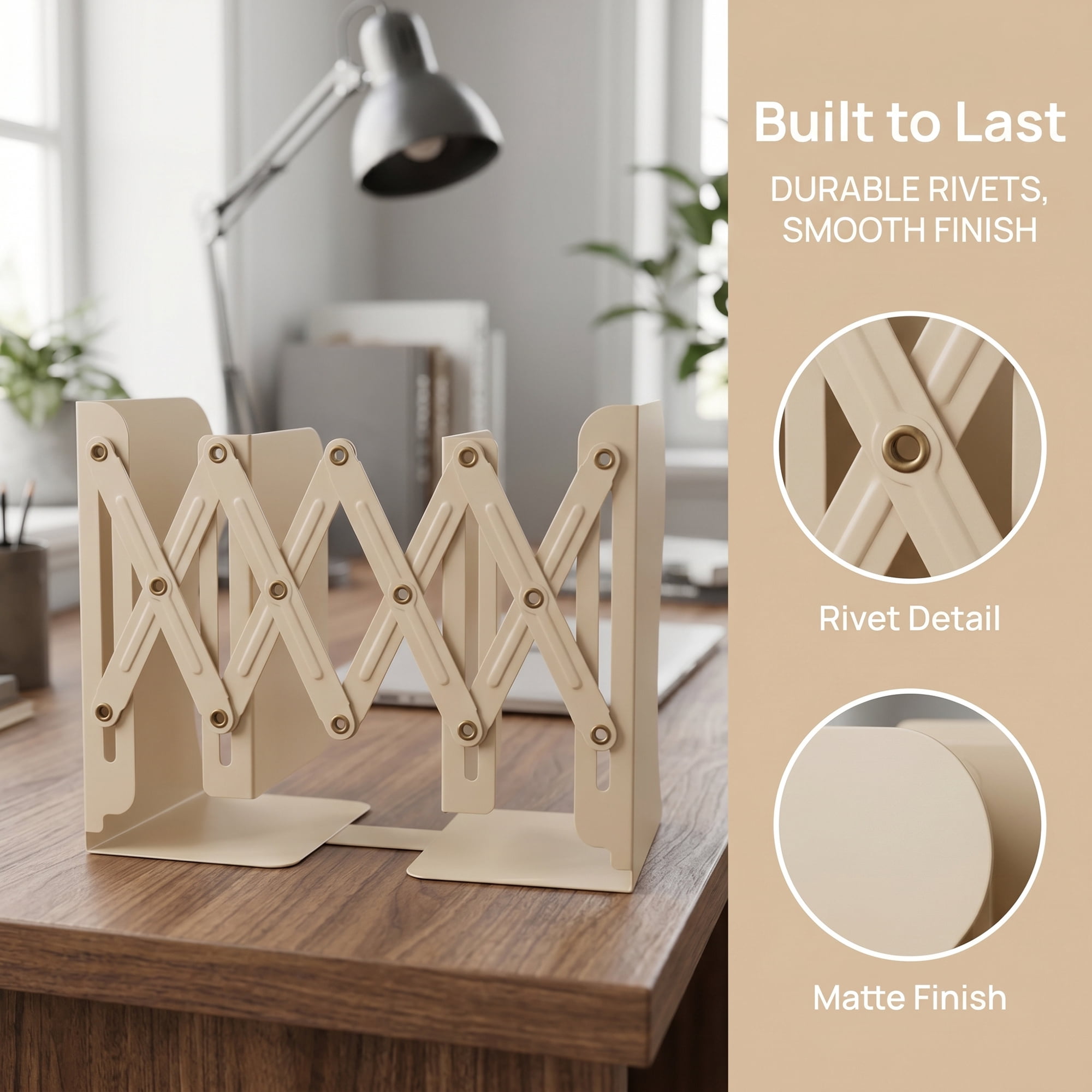 Unique Bargains Adjustable Metal Expandable Book End Holder beige 3.9" x 5.7" x 7.5"