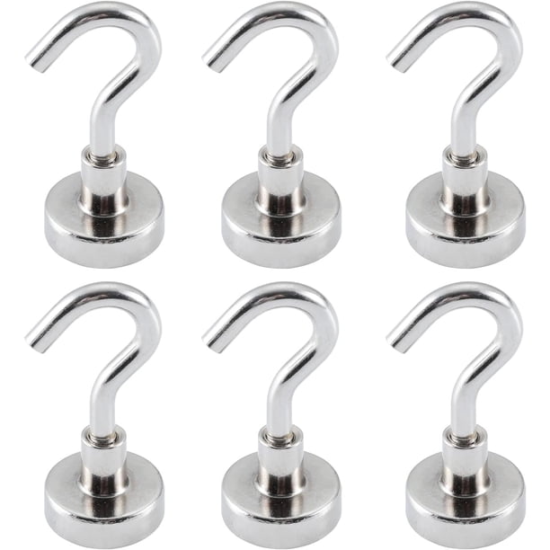 HARDWARE Ganchos magnéticos resistentes, ganchos magnéticos de neodimio fuertes de 20 libras, gancho magnético, imanes de metal (paquete de 6, plateado)