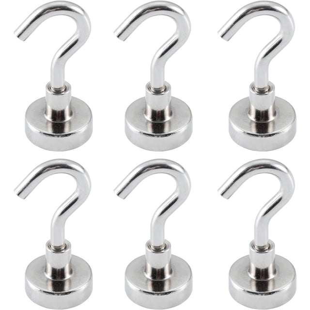 HARDWARE Ganchos magnéticos resistentes, ganchos magnéticos de neodimio fuertes de 20 libras, gancho magnético, imanes de metal (paquete de 6, plateado)