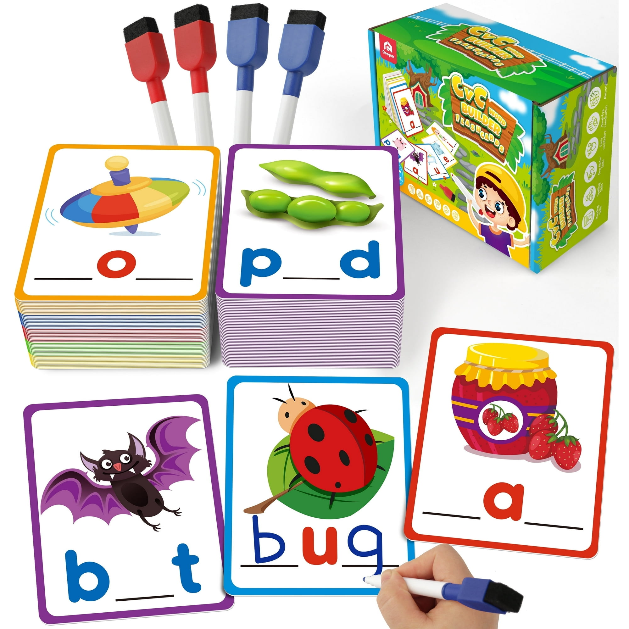 Coogam Short Vowel Spelling Flash cards Learn to Write CVC SightWords Color Pattern Handwriting Cards Fine Motor Montessori Educational Toy for 3 4 5 Years Old