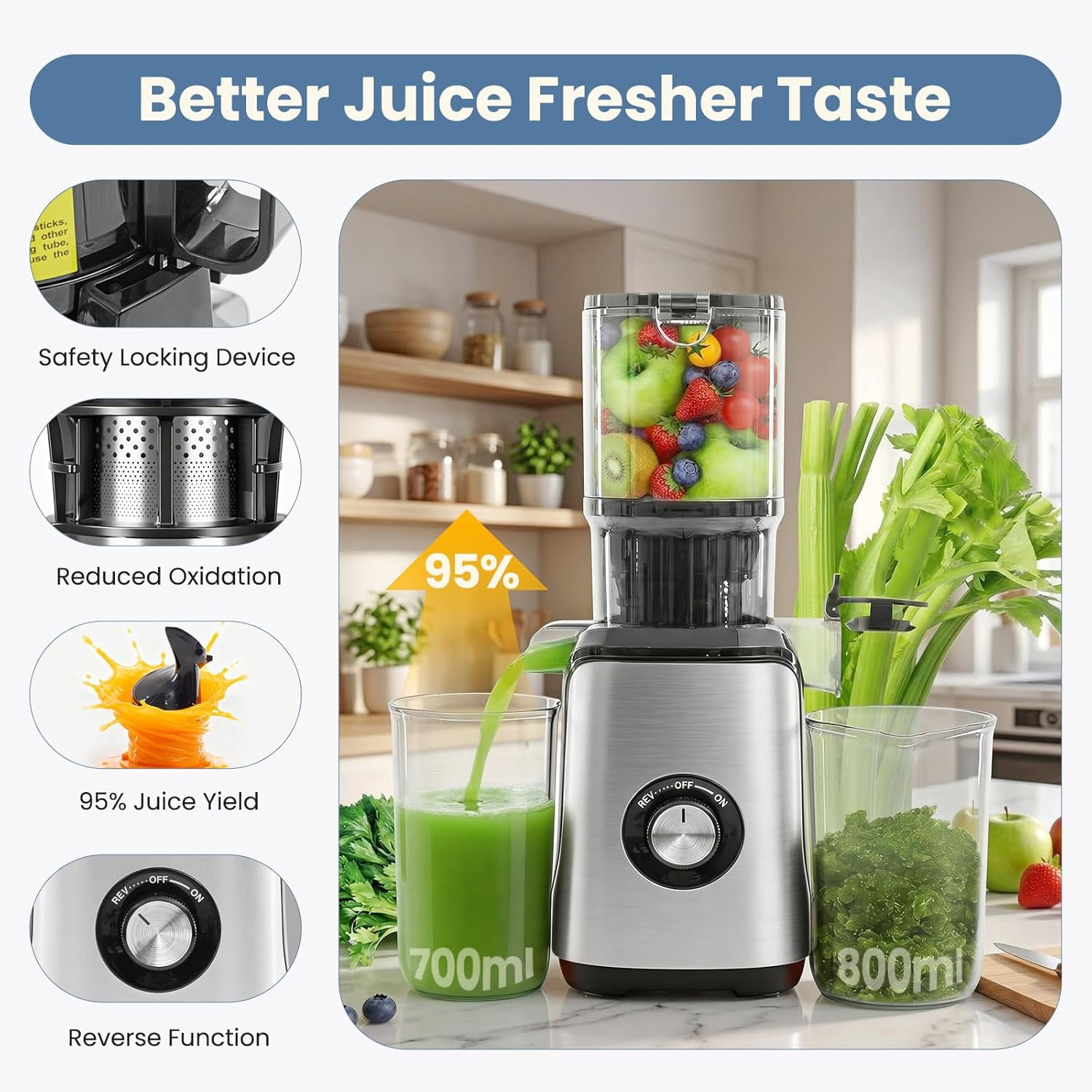 Masticating Juicer Machines, Cold Press Juicer with Wide Feed Chute, High  Yield and Easy to Clean for Whole Vegetables & Fruits, Silver