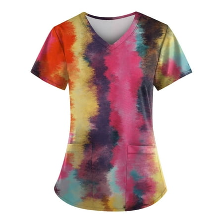 

Yubatuo Women Plus Size Scrubs Top with Pockets V-Neck Short Sleeve Printed Work Blouse for Women Pink 4XL