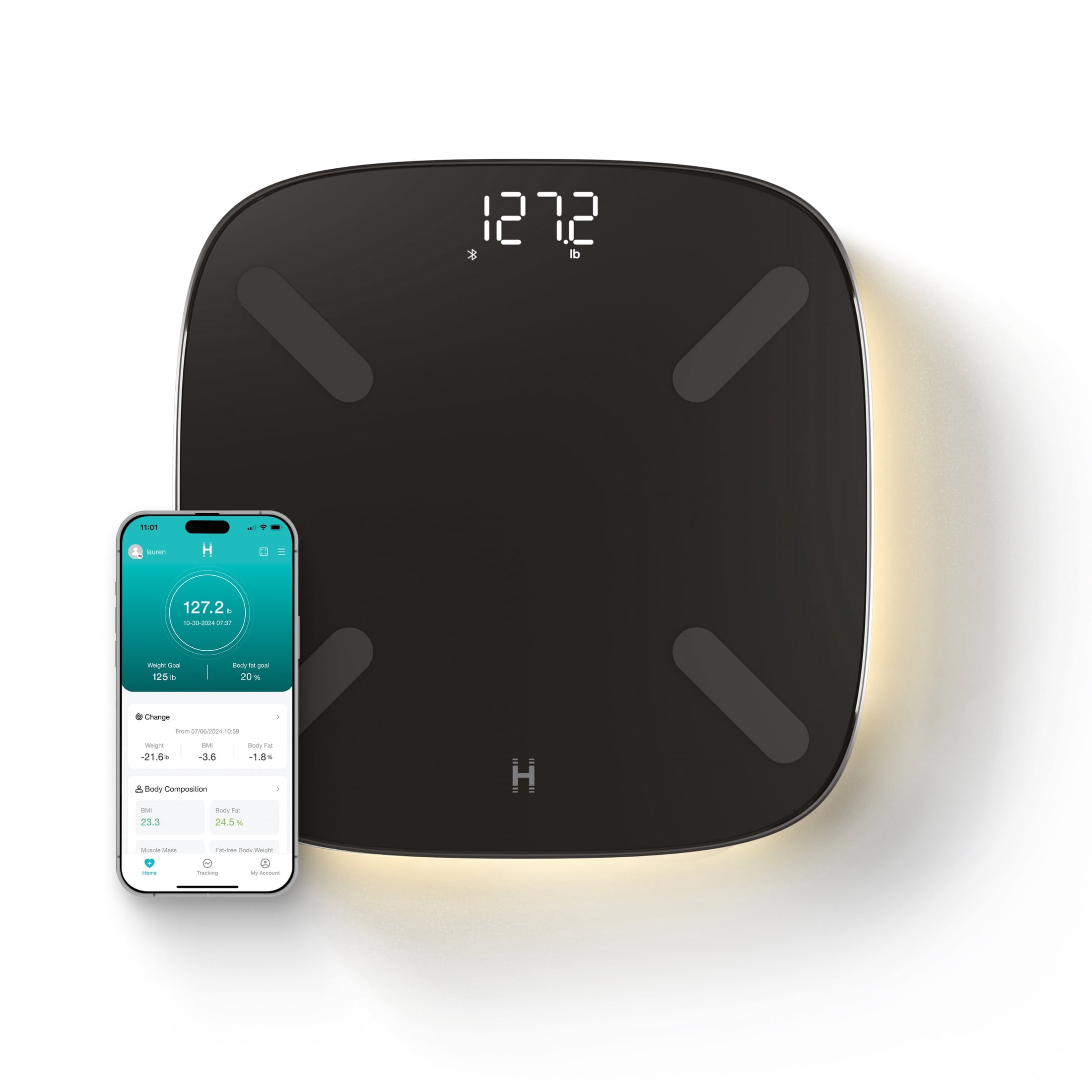 Homedics Smart Glo, Digital Bathroom Scale, Motion-Sensing Ambient Center Illumination, Sleek Tempered Glass, High-Precision Weight Measurement Up to 400 lbs, Sustainable Design, Bluetooth, Black