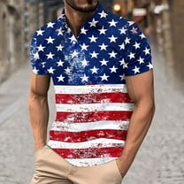 UVEASISHA Fourth of July Polos Shirts for Men Fade American Flag Print Golf Shirt Big and Tall Casual Button Collared Patriotic Tees Blue XXL