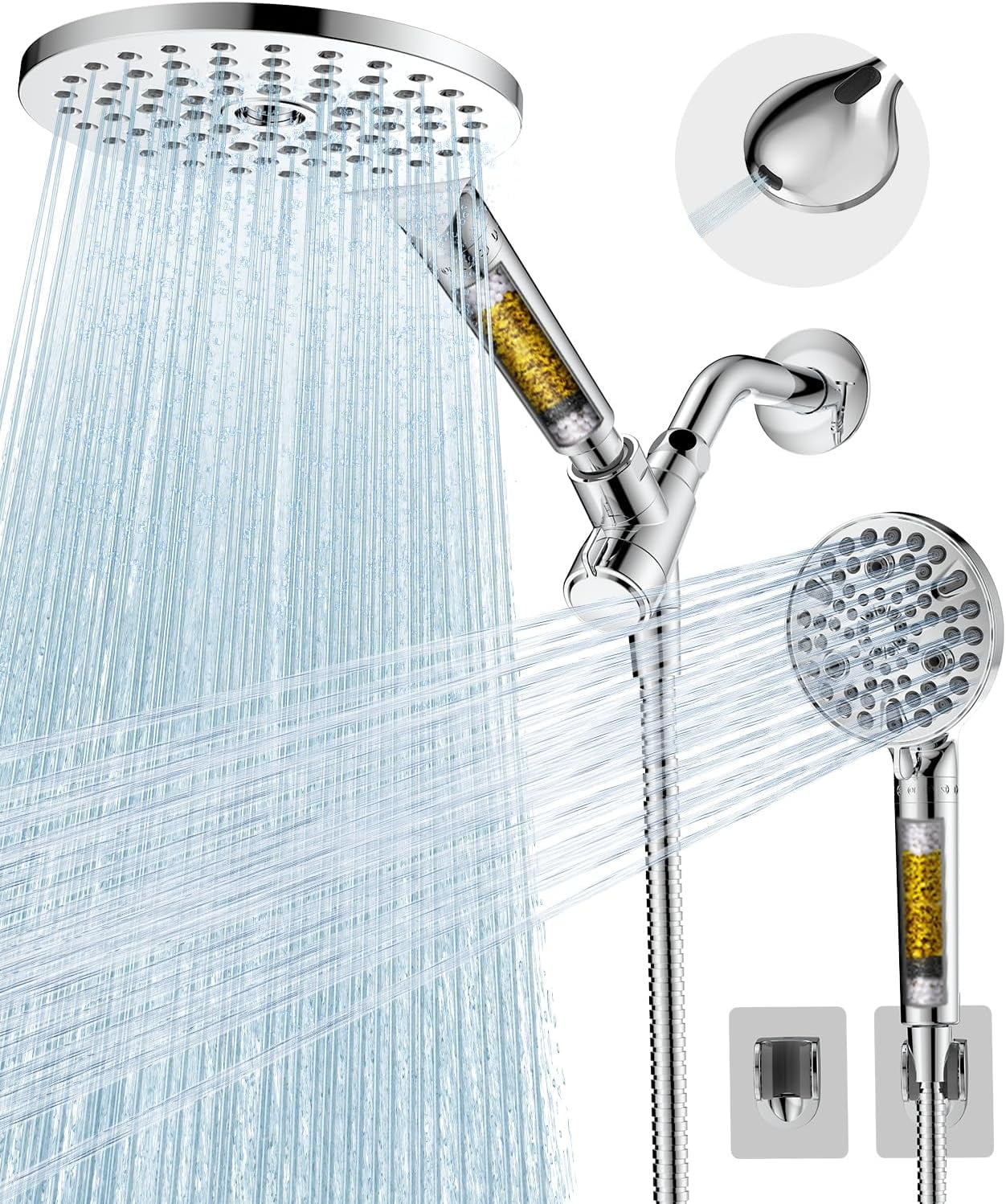 Dual Filtered Shower Heads Combo, High Pressure Rain Shower Head with Handheld Spray Built-in Power Wash, Dual Handheld Shower Head for Hard Water, Remove Chlorine for Healthier Skin- Chrome