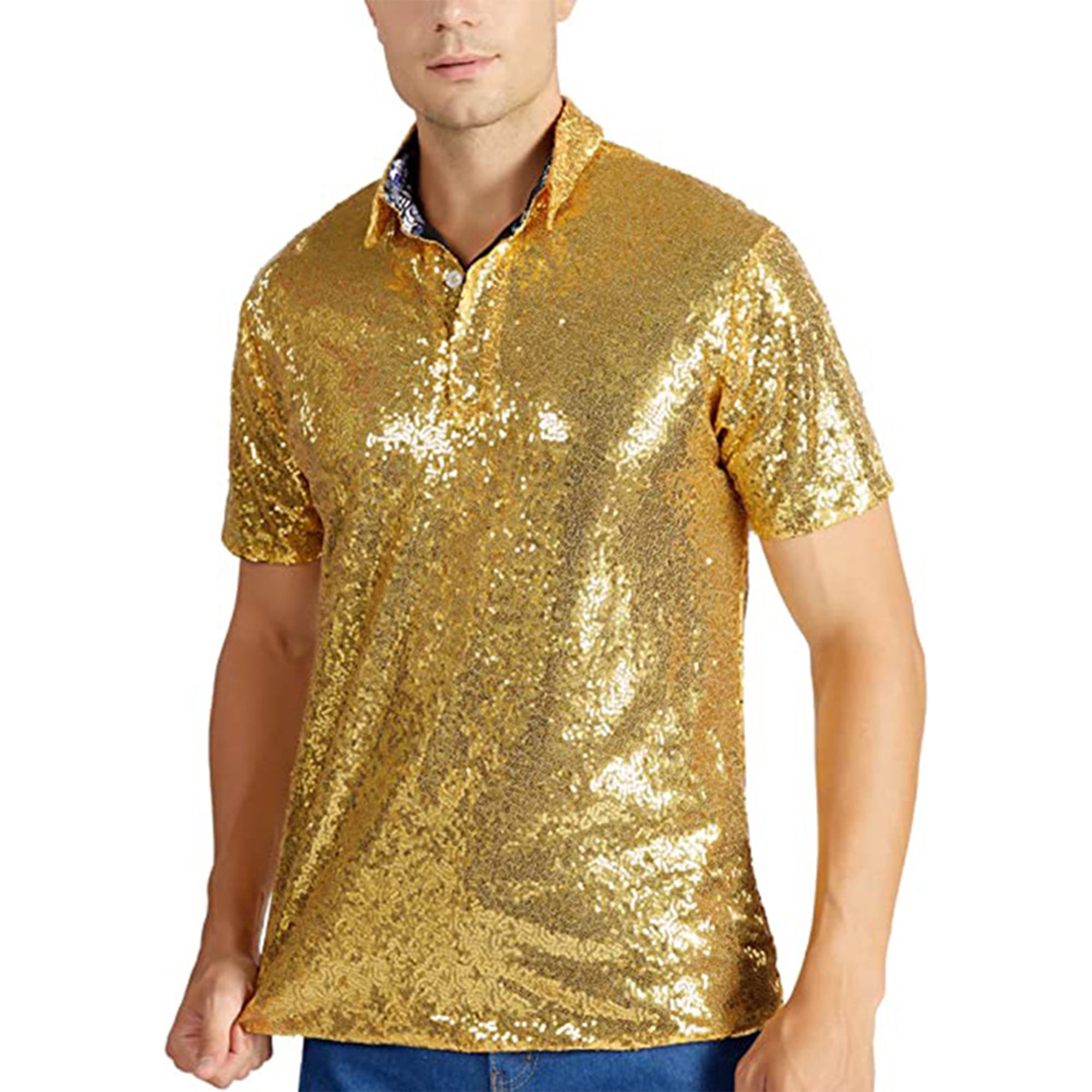MAWCLOS Mens T Shirts Short Sleeve Summer Tops Lapel Neck Polo Shirt Sparkle Party Turndown Blouse Gold 2XL Walmart