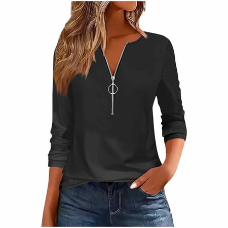 XFLWAM Womens Half Zipper T Shirts Long Sleeve V Neck Pullover Tops Fall Casual Lightweight Comfort Blouse