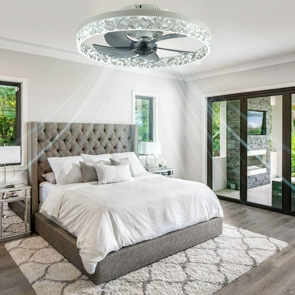 JLPAN Modern Ceiling Fans with Lights and Remote,19.7" Dimmable Low Profile Ceiling Fan, Flush Mount Bladeless Ceiling Fan, Stepless Color Temperature Change and 6 Speeds,White